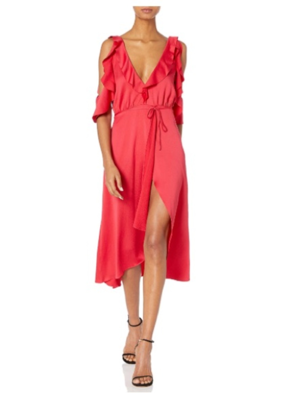 French Connection Ruffle V-Neck Cold-Shoulder Midi Dress in Coral Red